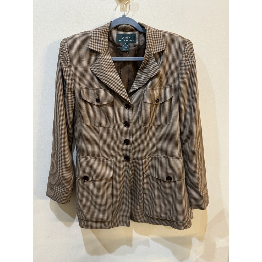 Vintage 90s Lauren Ralph Lauren Houndstooth Safari Field Jacket Blazer Size 4 - Picture 2 of 12